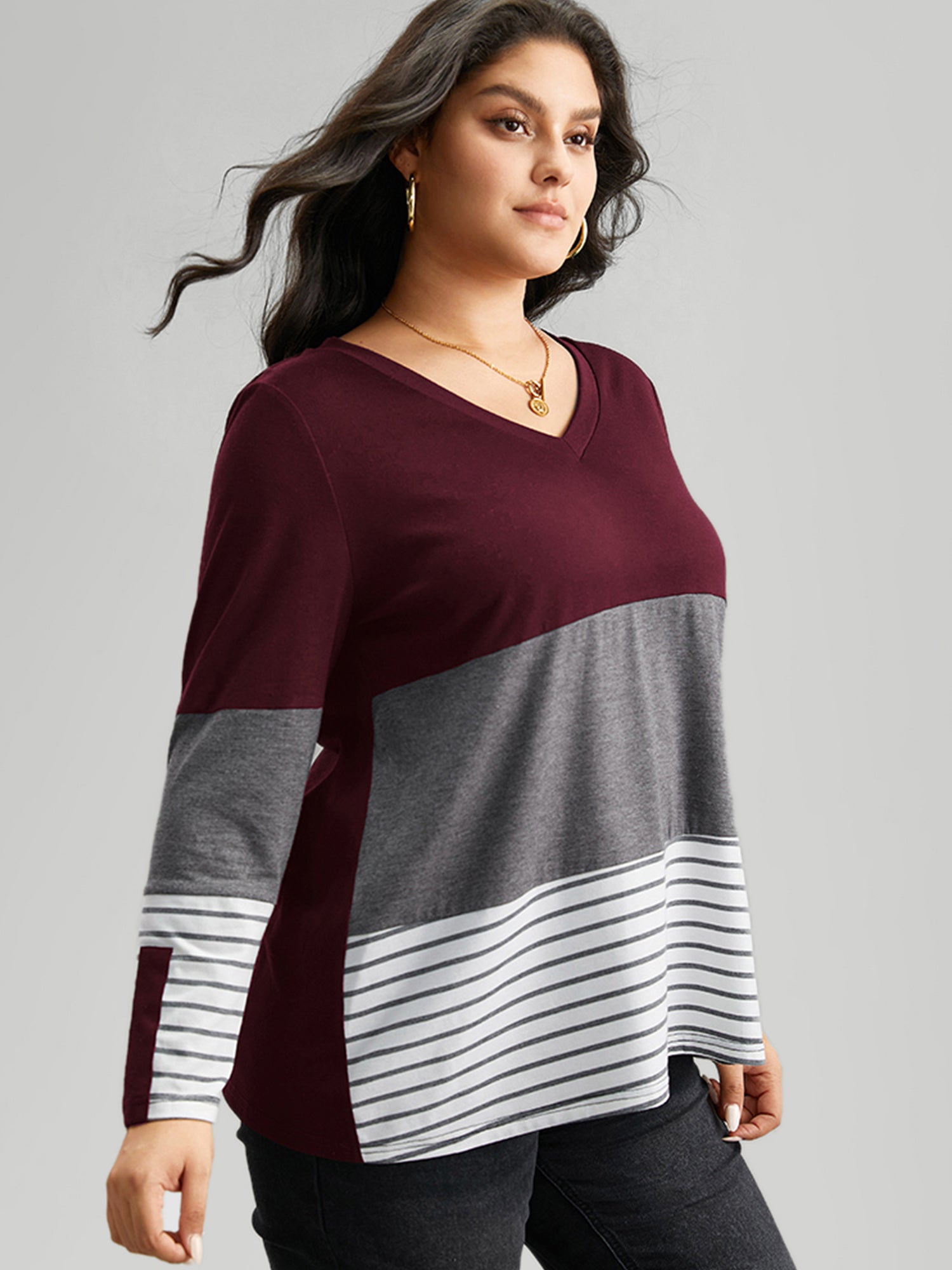 Colorblock Contrast Striped V Neck T-shirt