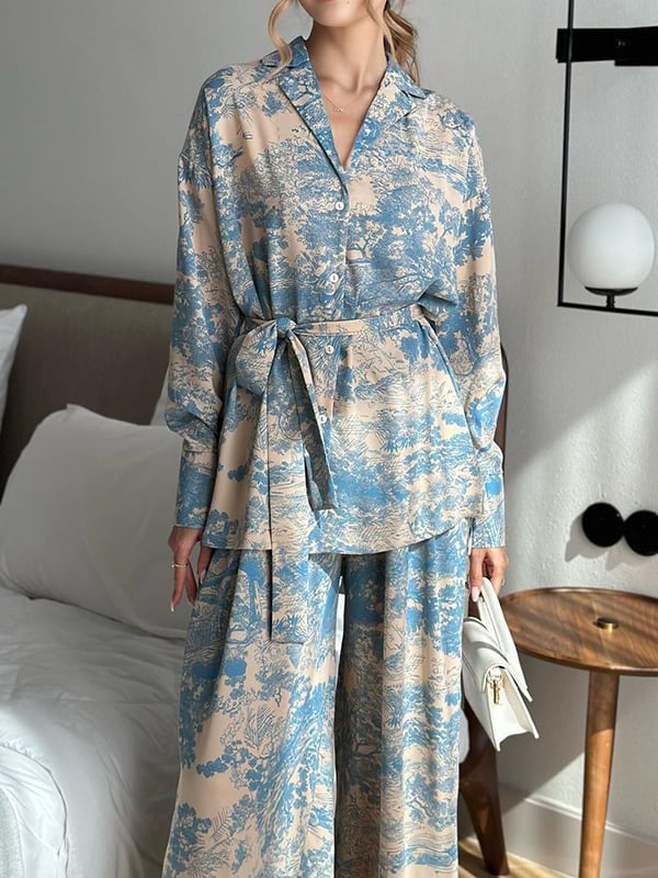 Long Sleeves Buttoned Printed Tied Waist Notched Collar Shirts Top + High Waisted Pants Bottom Two Pieces Set