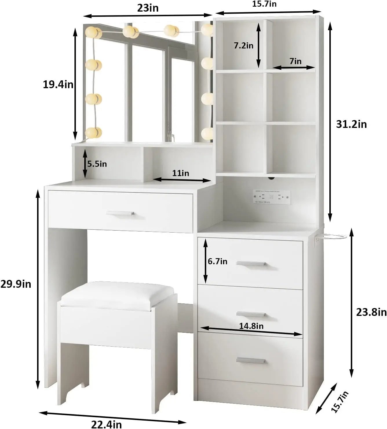 Makeup Vanity Table with Charging Station 3 Lighting Modes Brightness Adjustable