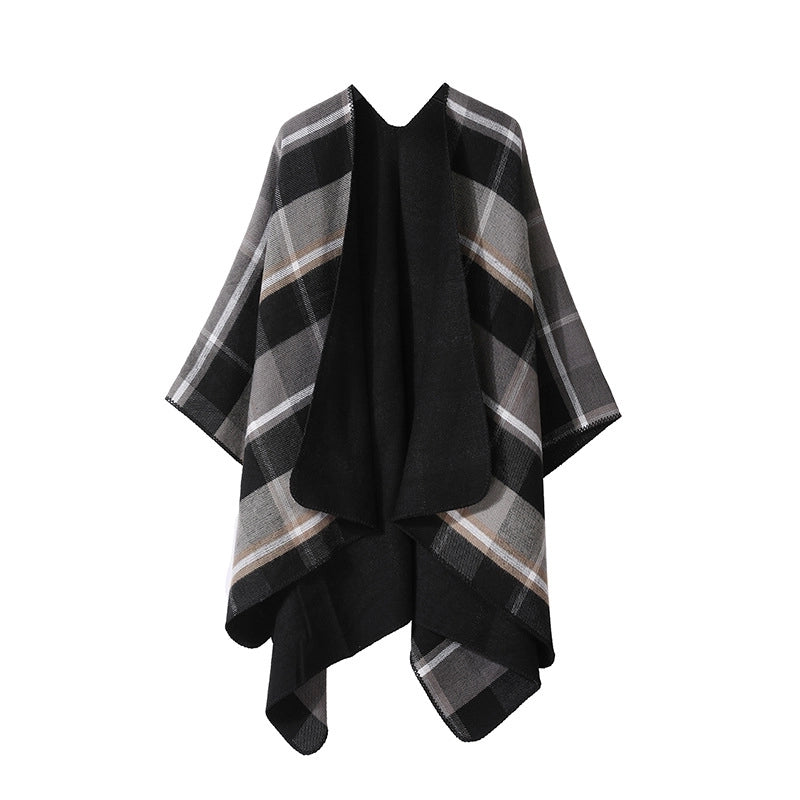 Winter Cashmere Double-sided Plaid Shawl Women's Outer Cape Increased Thickness Warm Knitted Scarf Spot