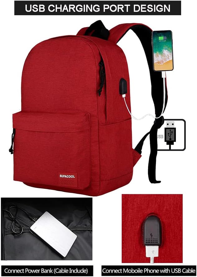 SUPACOOL Casual Laptop Backpack for Men and Women, School Backpack for Boys and Girls, College Bookbag, USB Charging Port, Lightweight Back Pack(Black)