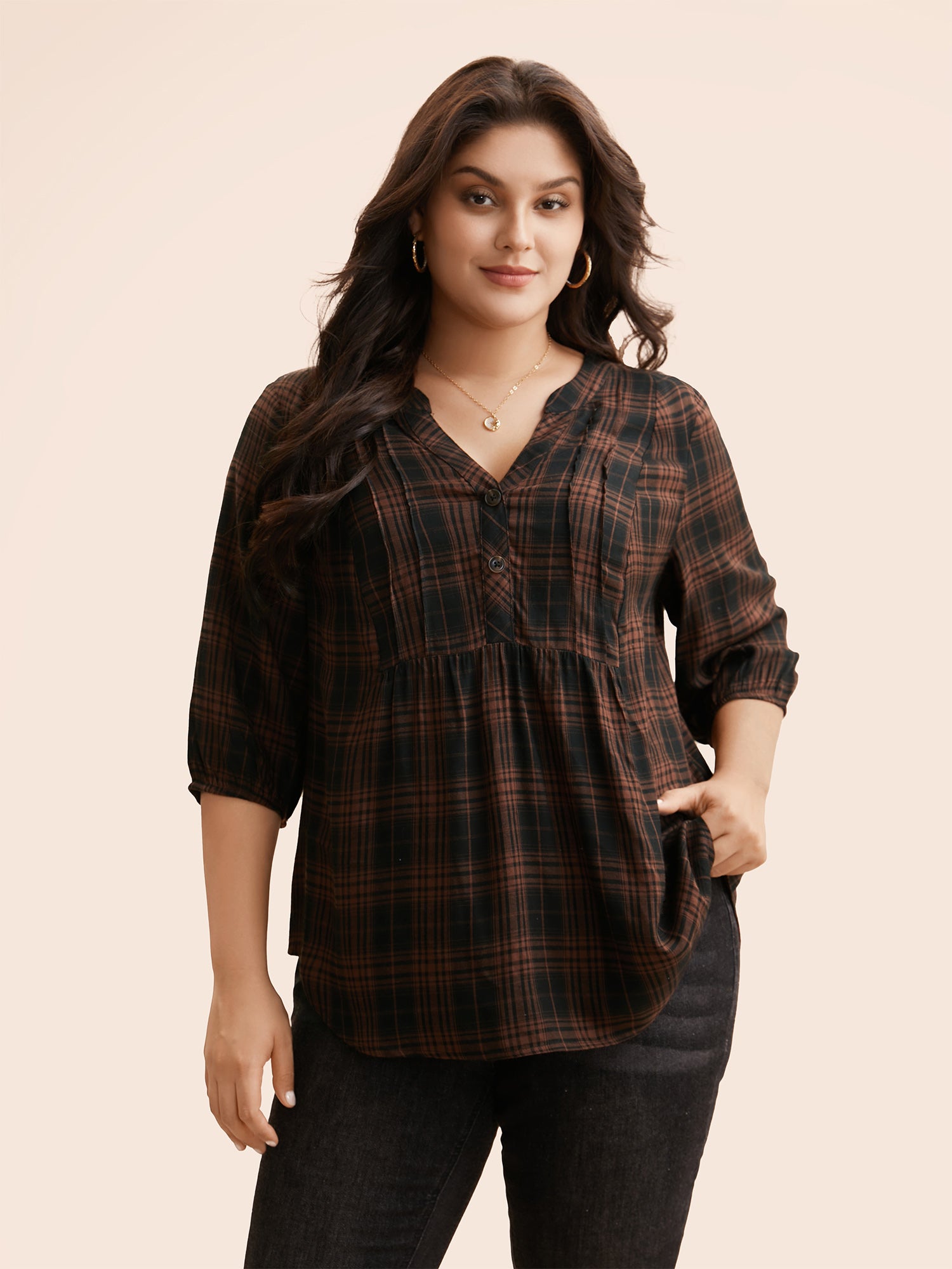 Plaid Pleated Button Placket Blouse