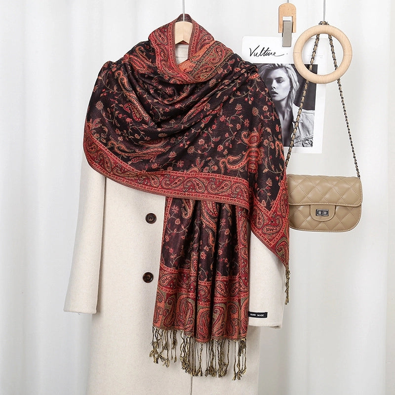 Women's Pastoral Cashew Nuts Flower Polyester Tassel Scarf
