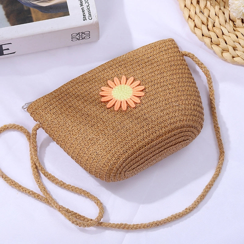 Women's Mini Straw Daisy Vintage Style Round Zipper Straw Bag