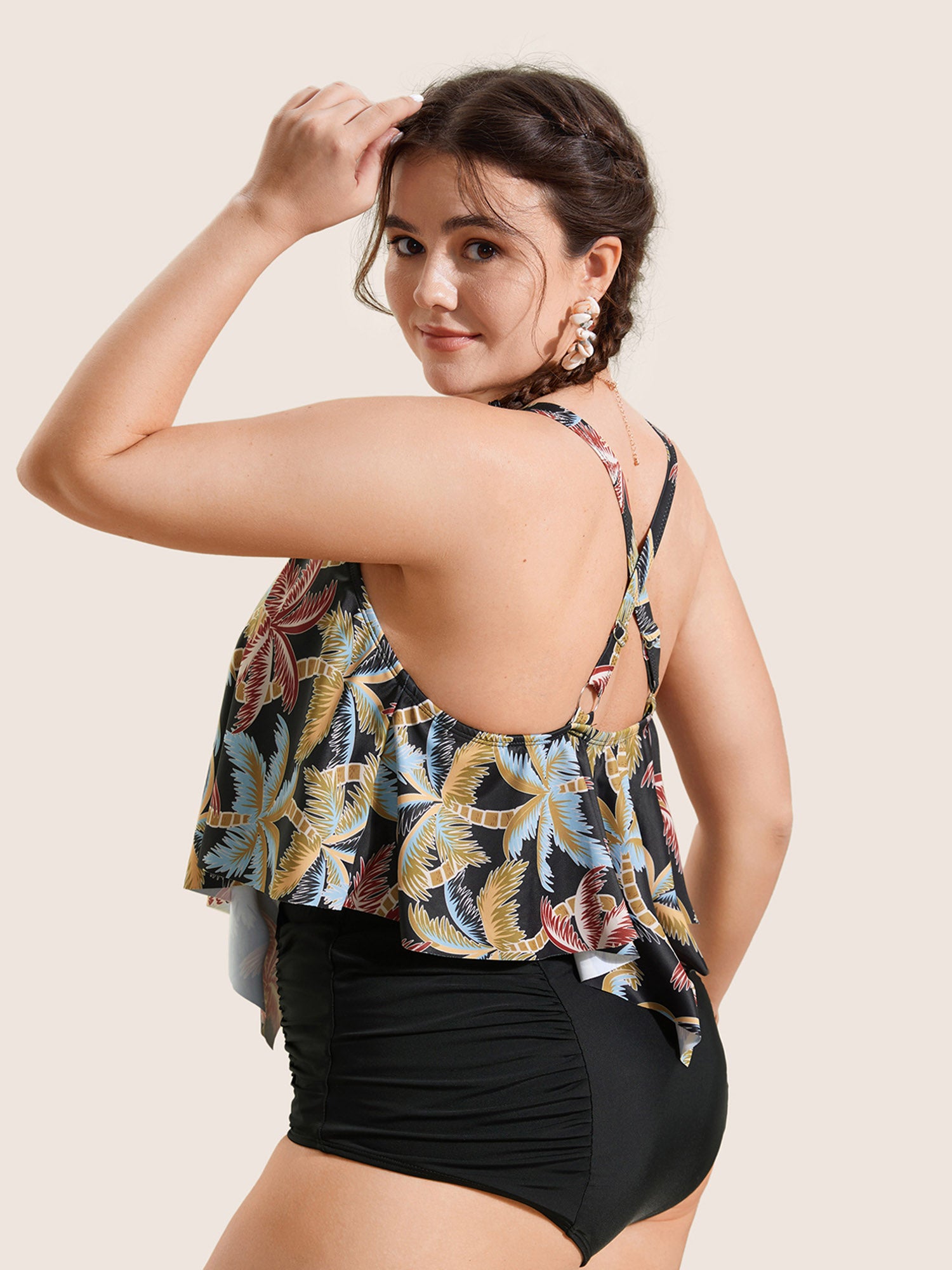 Tropical Coconut Tree Print Ruffle Trim Swim Top