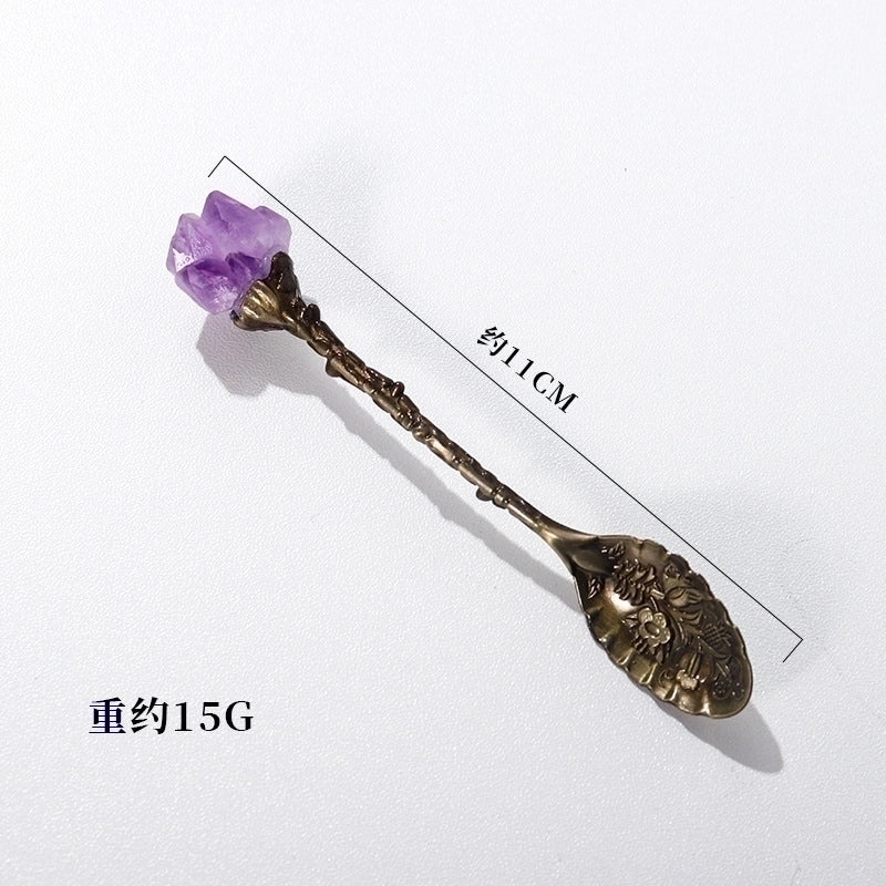 Natural Amethyst Flower Decor Copper Creative Long Handle Spoon
