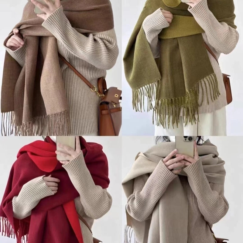 Double-sided Plain Scarf  Couple Mid-length Scarf Autumn And Winter Warm Color Matching Shawl Tassel Scarf