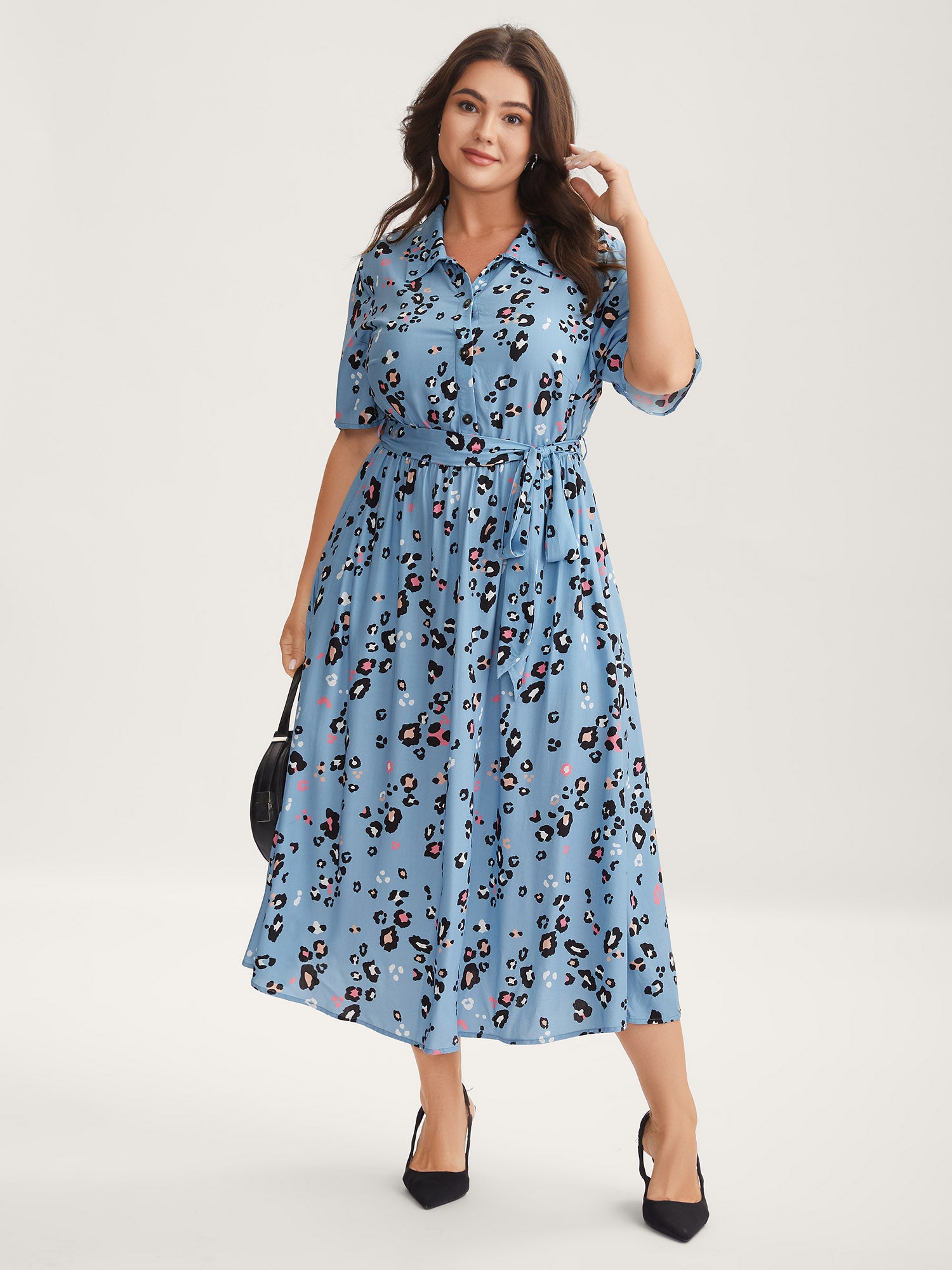 Floral Print Collar Belted Midi Dress