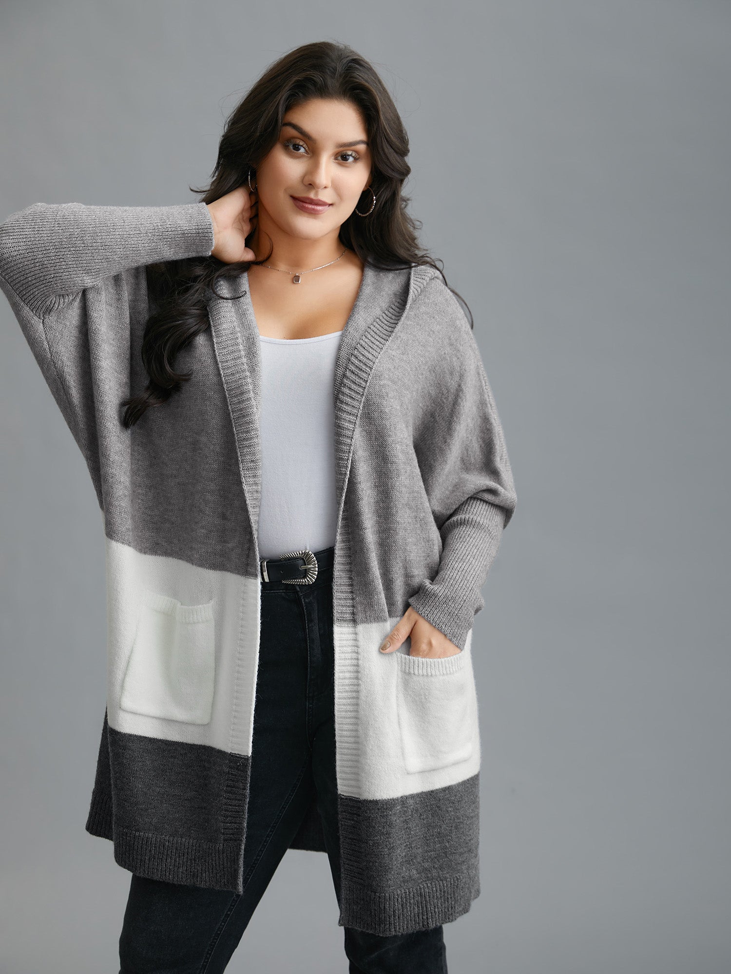 Color Block Dolman Sleeves Hooded Knit Cardigan