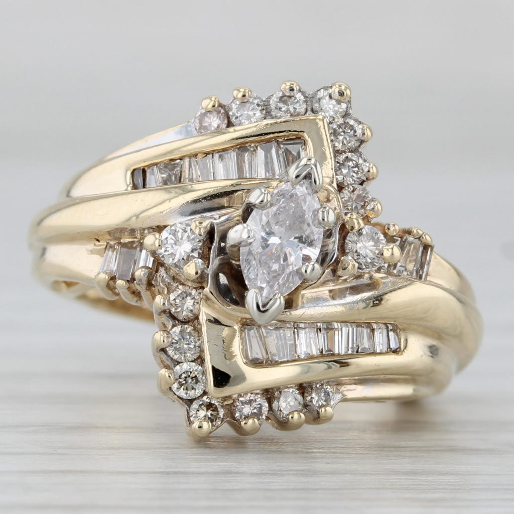 0.94ctw Marquise Diamond Bypass Engagement Ring 14k Yellow Gold Bridal Size 4.75