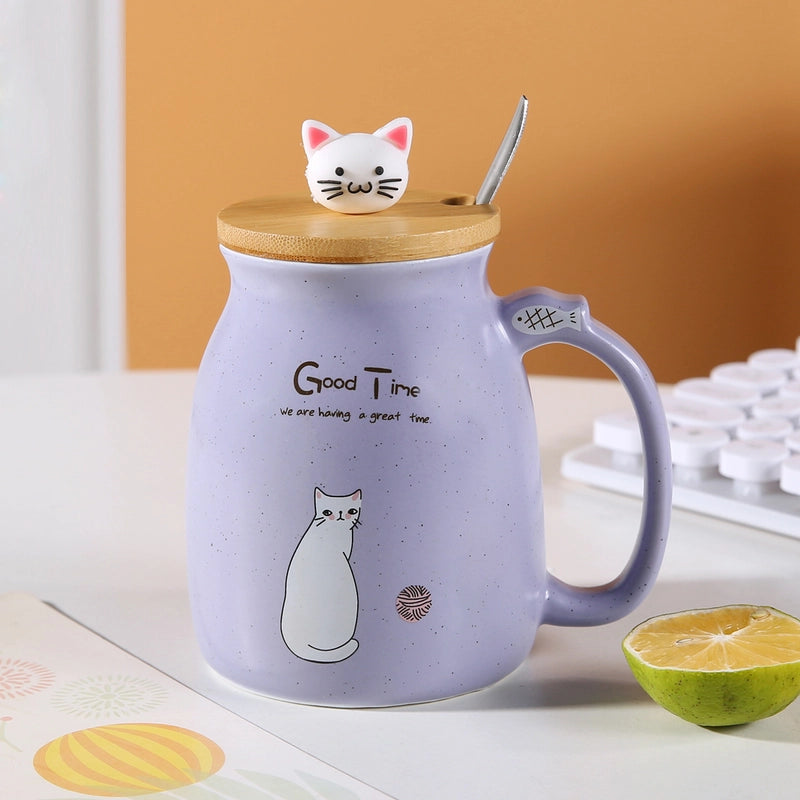 Cartoon Couple Cute Cat Ceramic Water Cup Super Cute Cat Lid Spoon Coffee Cup Breakfast Milk Gift Mug