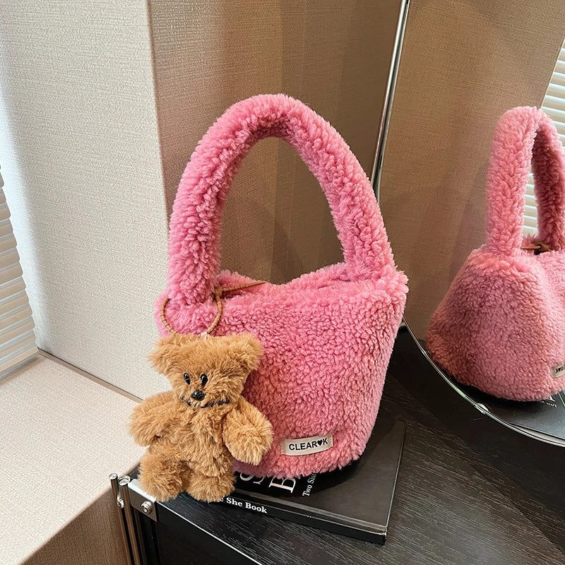 Women's Plush Solid Color Cute Bucket Magnetic Buckle Shoulder Bag Handbag Crossbody Bag