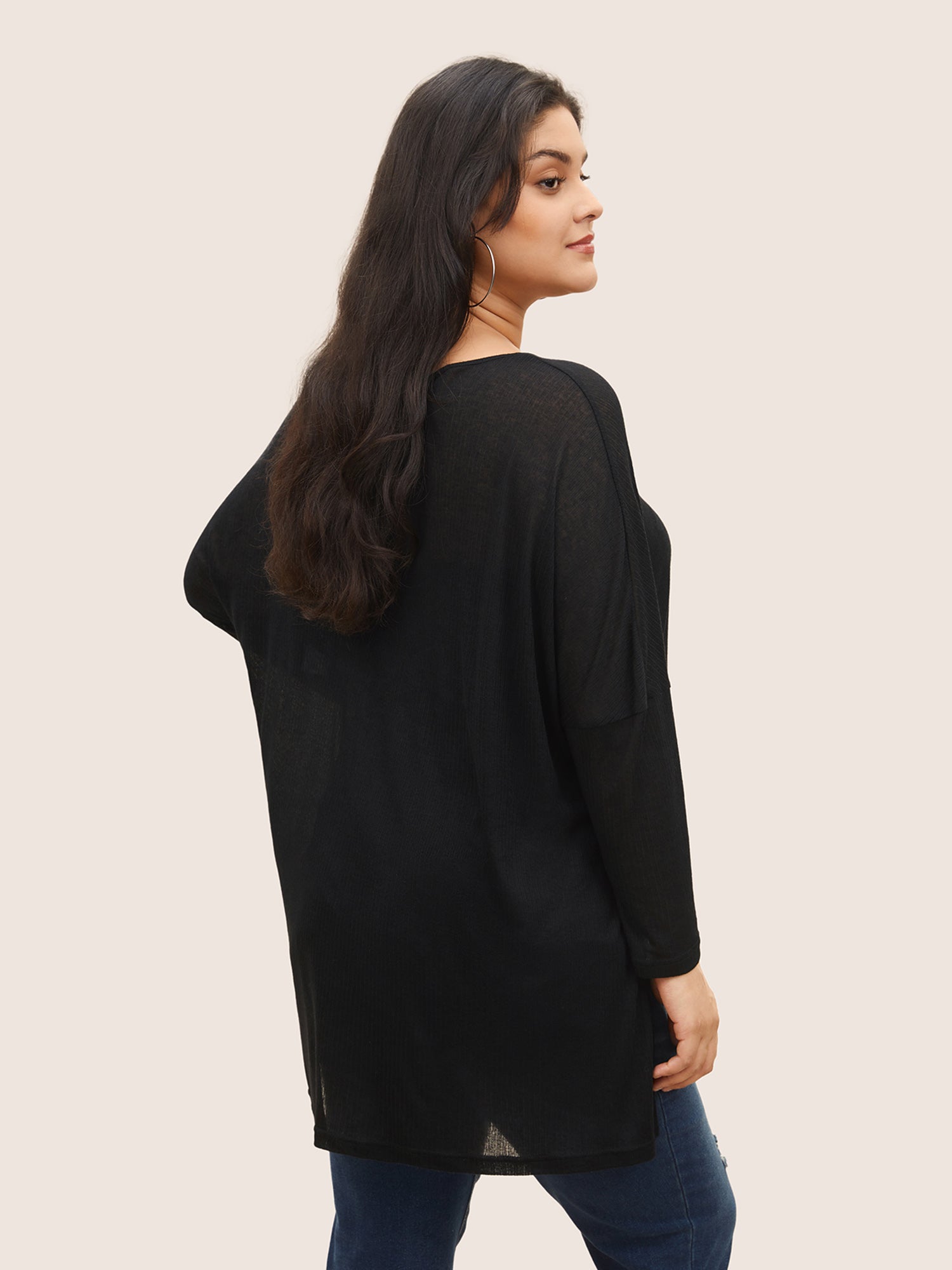 Plain Mesh Split Side Long Sleeve T-shirt