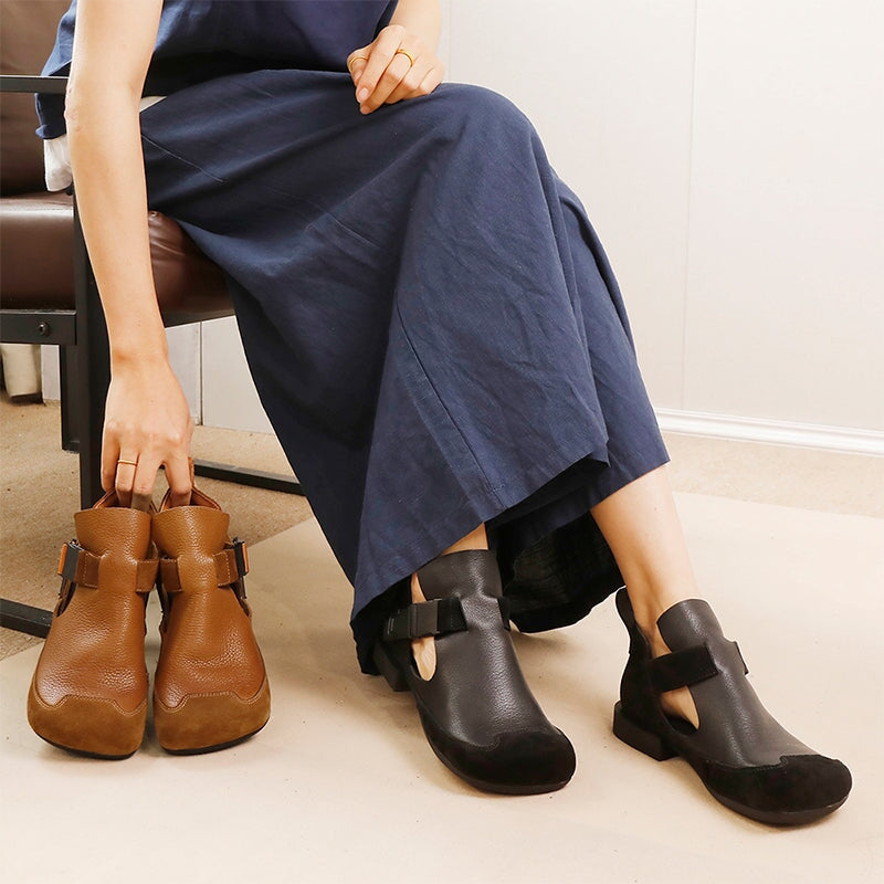 Full-Grain Leather Block Heel Suede Toe Cap Sandals with Buckle Closure in Black/Brown