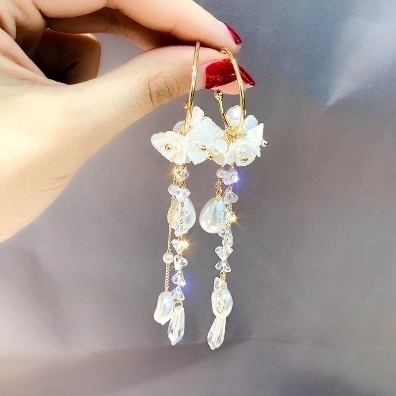 Fashion Star Butterfly Bow Knot Imitation Pearl Copper Tassel Rhinestones Drop Earrings 1 Pair