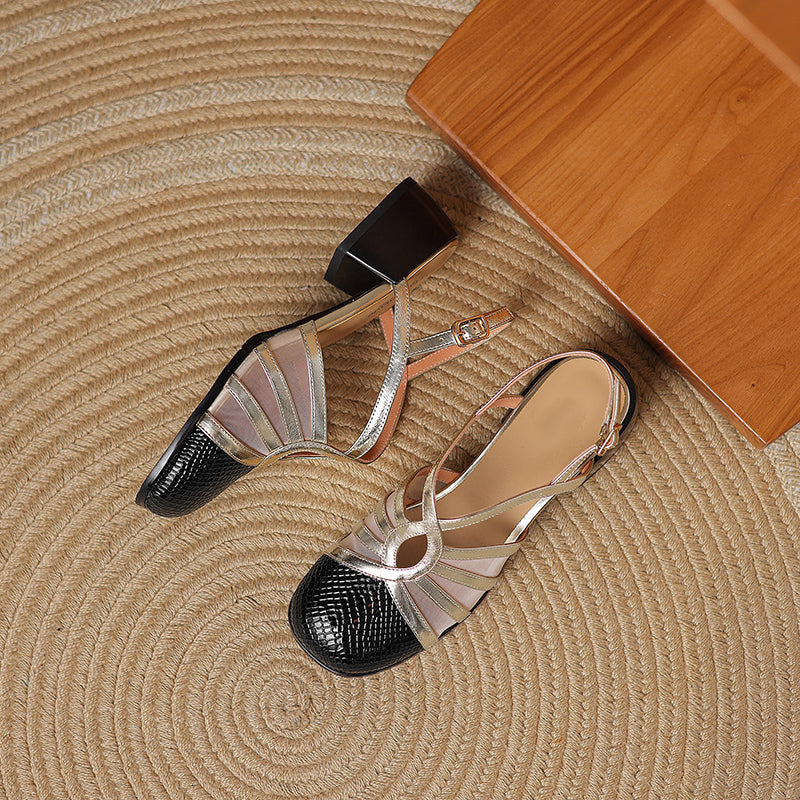 Elegant Colorblock Sandals Patent Leather & Metallic Cowhide Cross-Strap Slingback Dress Shoes in Black/Beige