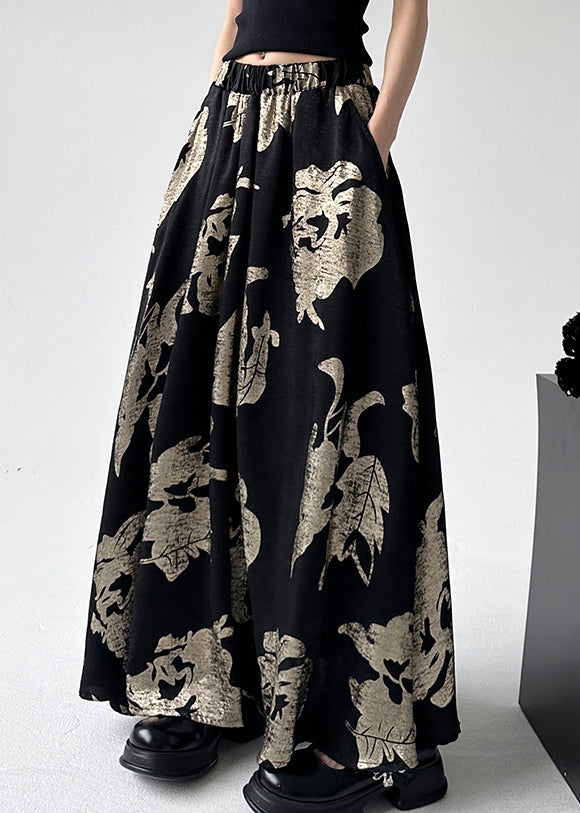 Chinese Style Black Print Elastic Waist A Line Skirts