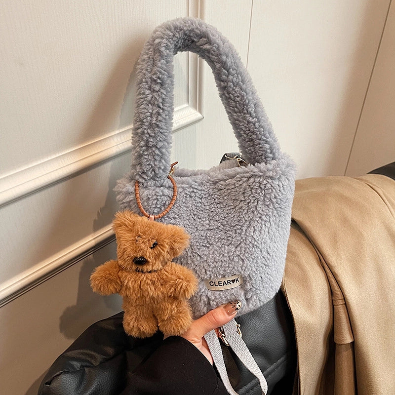 Women's Plush Solid Color Cute Bucket Magnetic Buckle Shoulder Bag Handbag Crossbody Bag