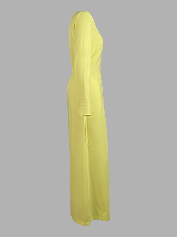 High Waisted Long Sleeves Buttoned Pockets Solid Color V-Neck Jumpsuits