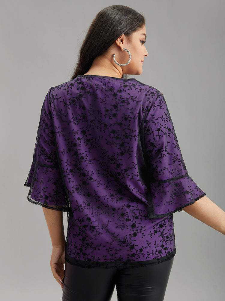 Crochet Lace Mesh Bell Sleeve Blouse