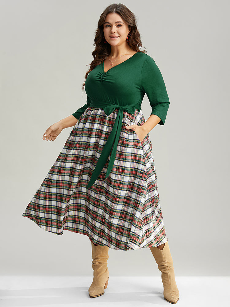 Christmas Plaid Patchwork Ruched Belted Dress