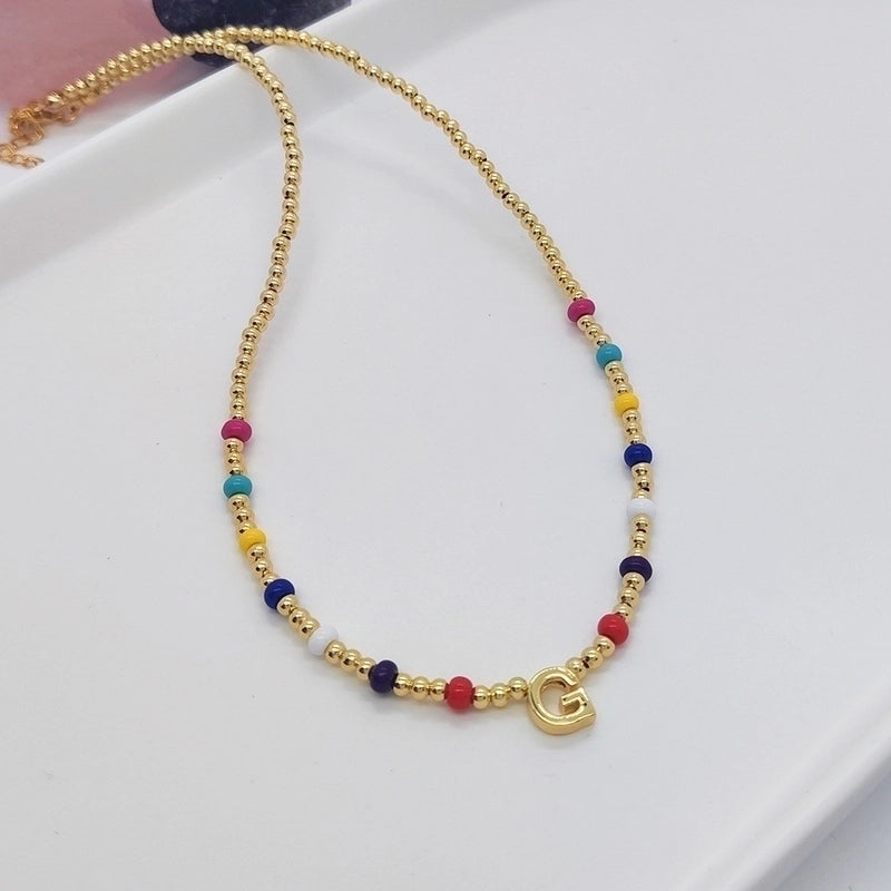 Ig Style Minimalist Letter Glass Copper Beaded Knitting Plating 18k Gold Plated Necklace