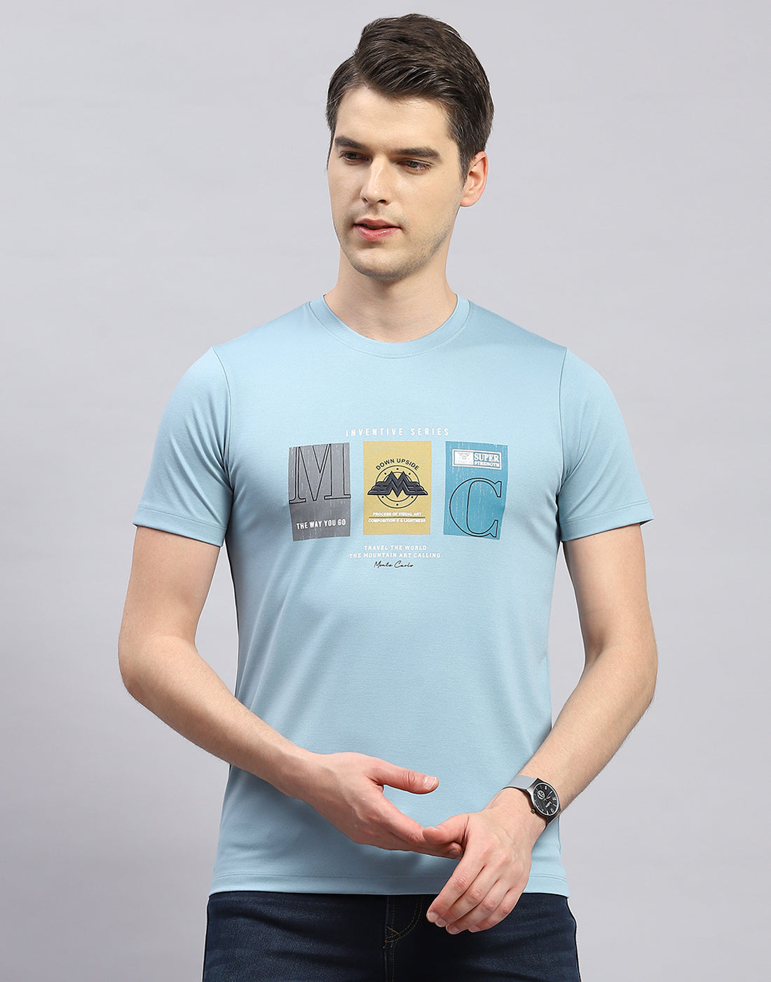 Men Sky Blue Printed Round Neck Half Sleeve T-Shirt