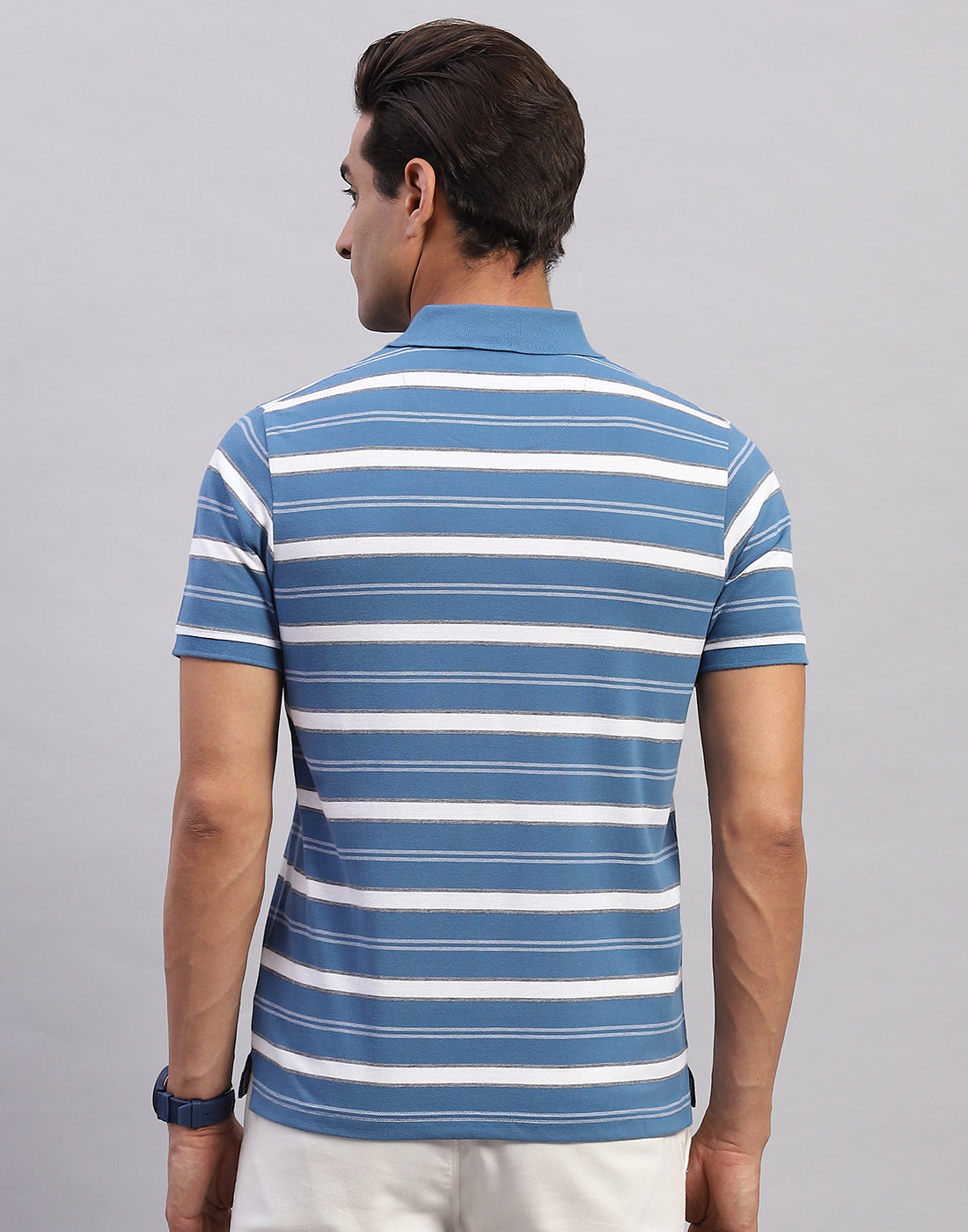 Men Blue Stripe Polo Collar Half Sleeve T-Shirt