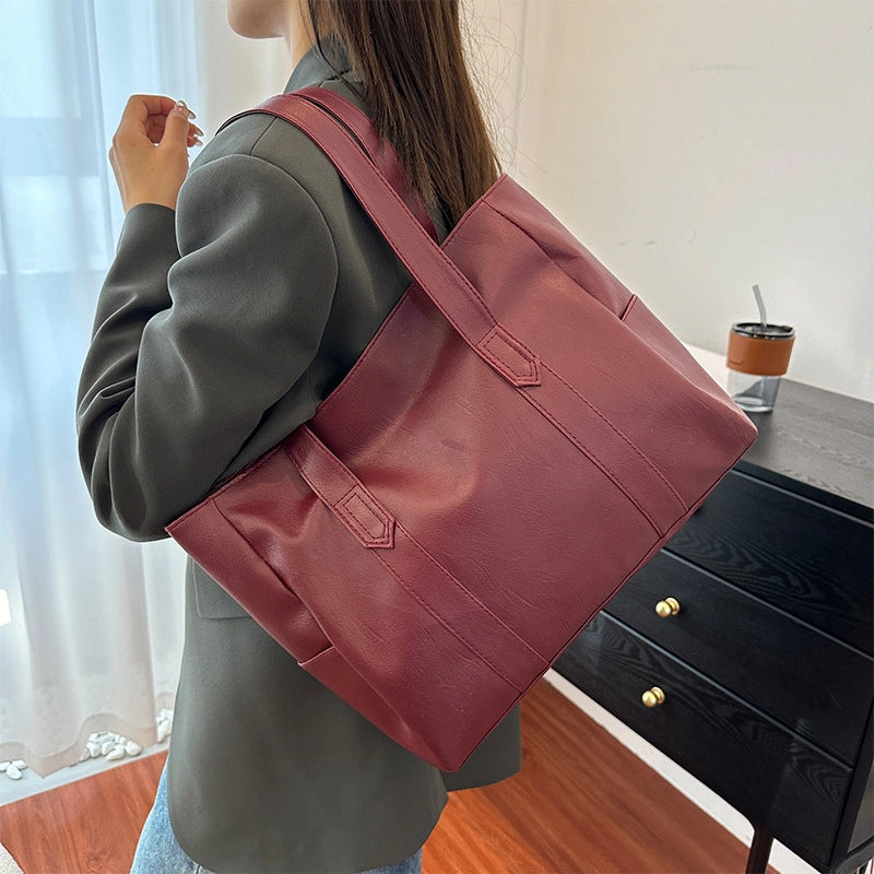Women's Large Pu Leather Solid Color Classic Style Square Zipper Tote Bag