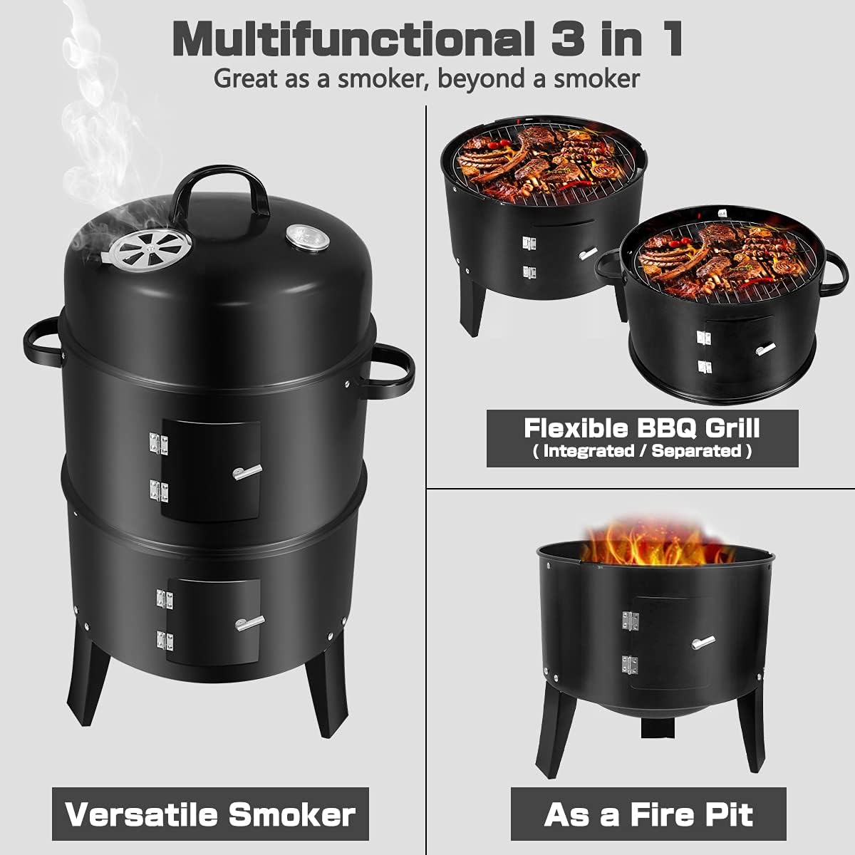 3 In 1 Vertical Charcoal Smoker. 16 inches Separable BBQ Smoker Grill Combo With Built-In Thermometer & Easy TEMP Adjustable Vent For Outdoor Cooking