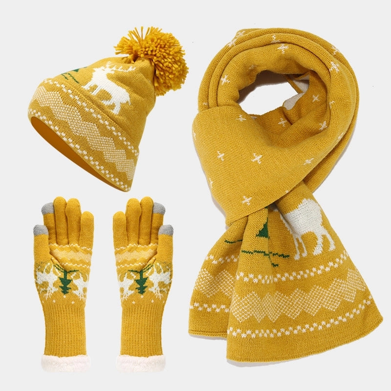 Women's Elegant Basic Minimalist Printing Acrylic Scarf Hat Gloves 3 Pieces Set