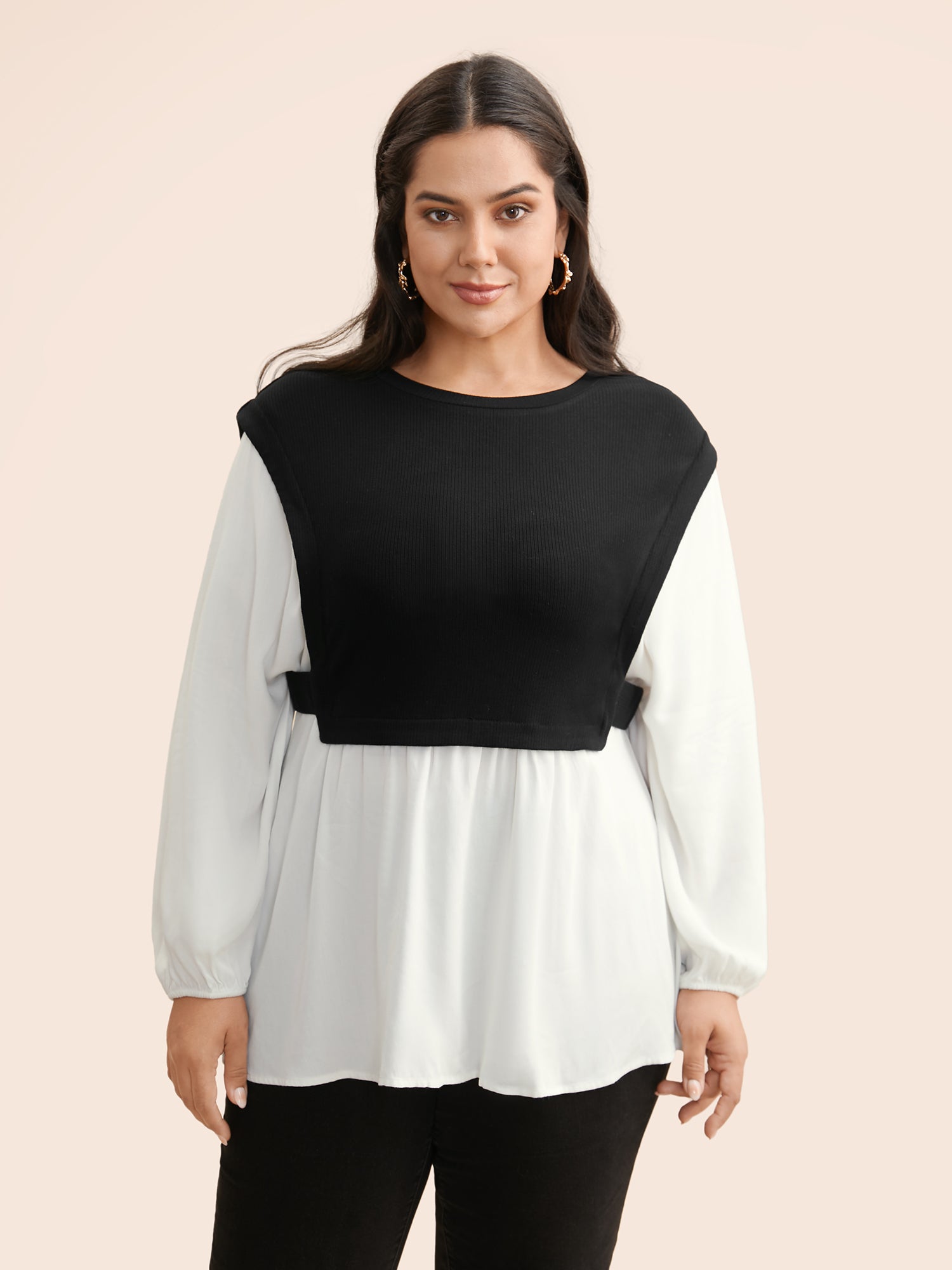 Round Neck Patchwork Contrast Gathered Blouse