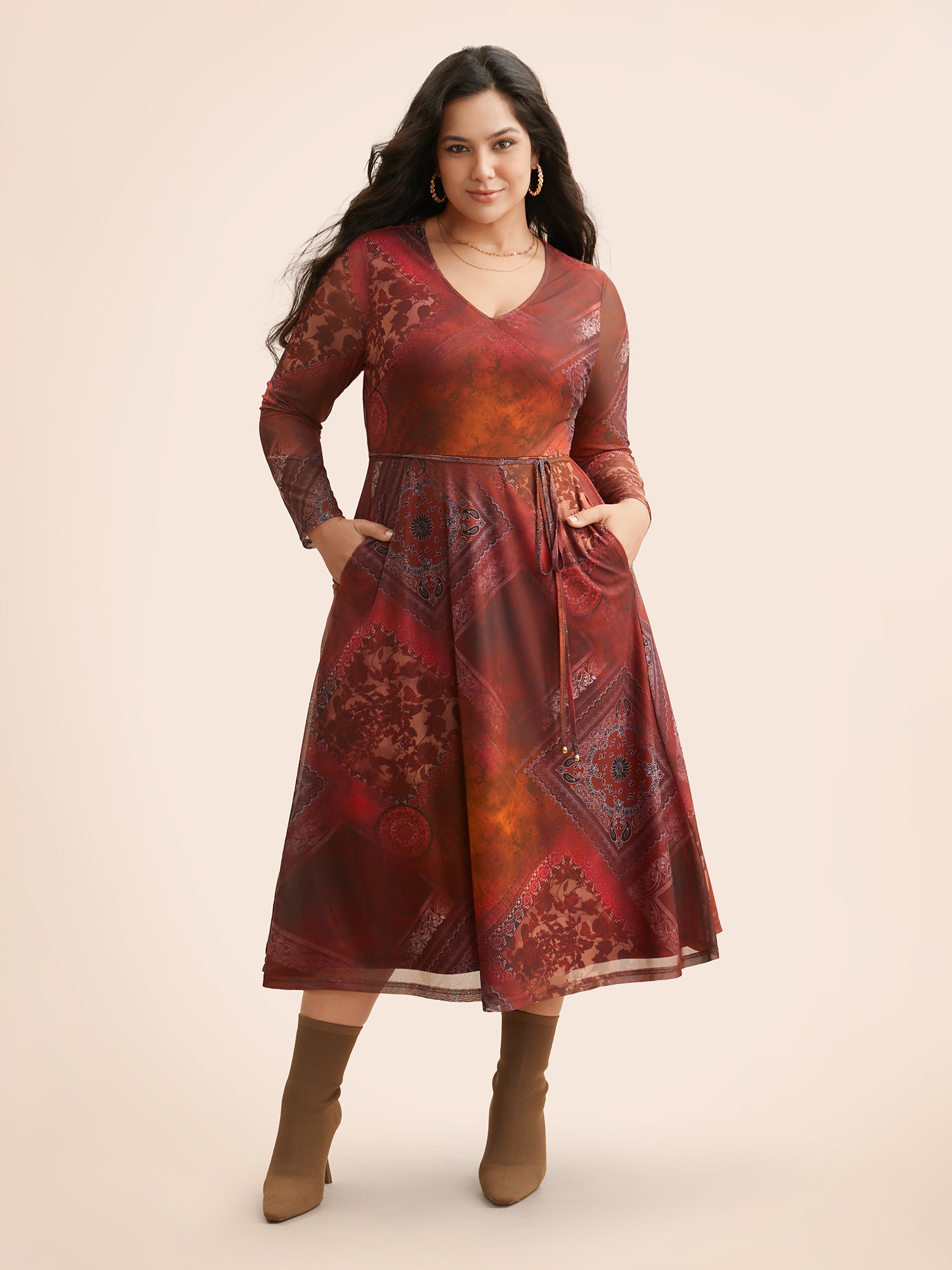 Boho Print Belted Mesh Midi Dress