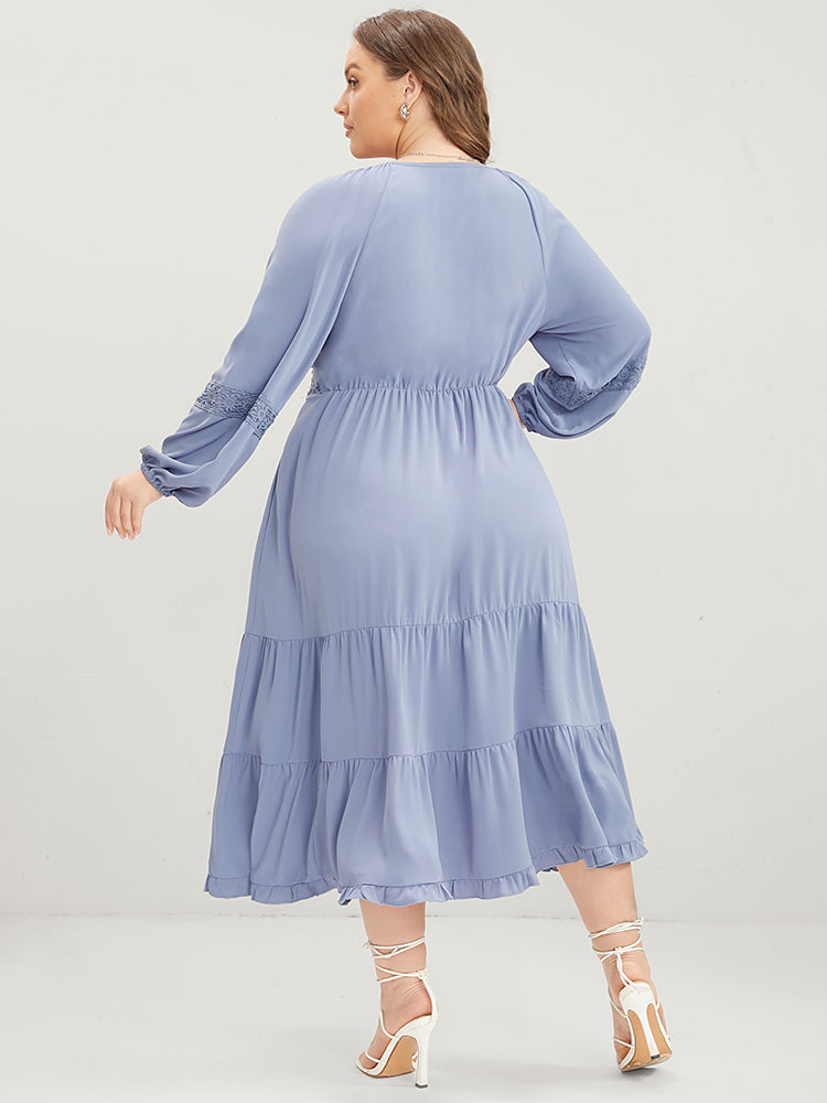 Plain Wrap Pocket Lantern Sleeve Contrast Lace Ruffle Tiered Dress