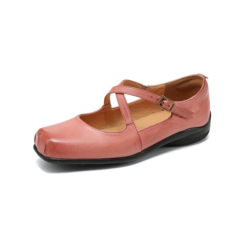 Square Toe Leather Mary Jane Ballet Flats with Cross Straps in Black/Red/Pink
