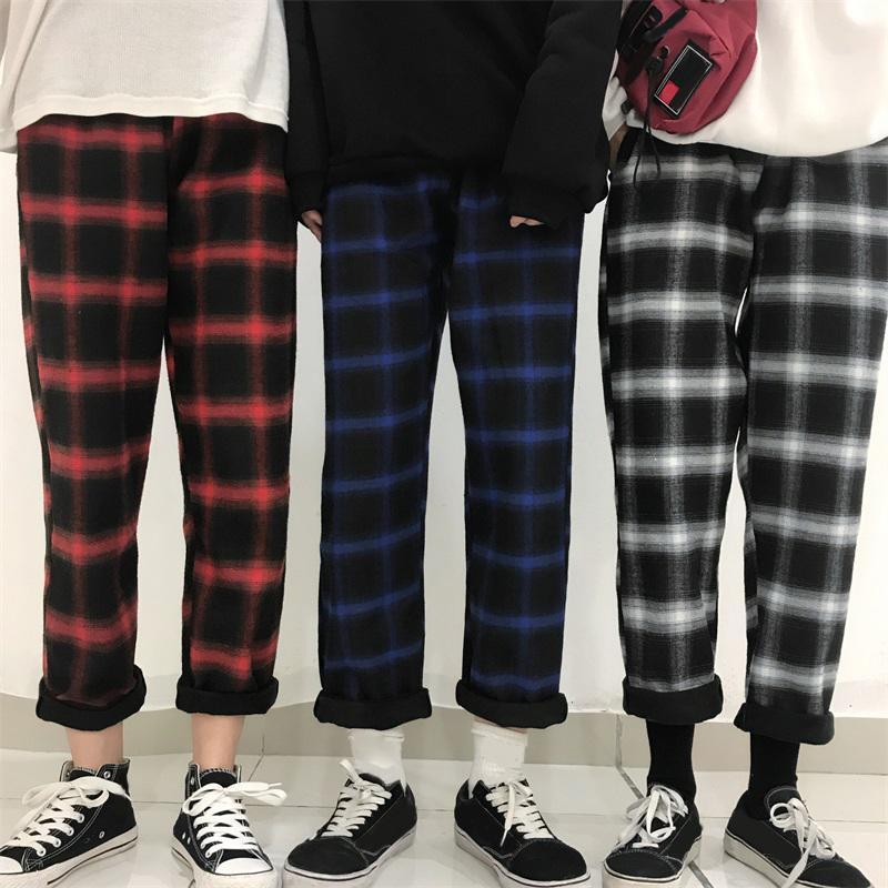 Plaid Fleece Straight Trousers