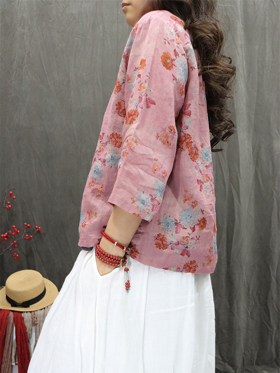 Women Summer Ethnic Stand Collar Flower 100%Ramie Shirt