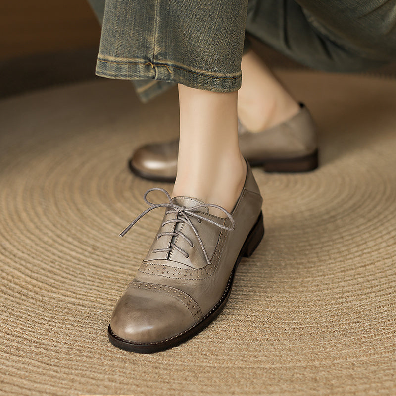 Genuine Leather Vintage Brogue Oxford Shoes Lace-Up Classic Formal Shoes in Black/Coffee/Grey