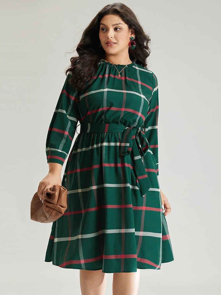 Plaid Stand Collar Gathered Belted Dress