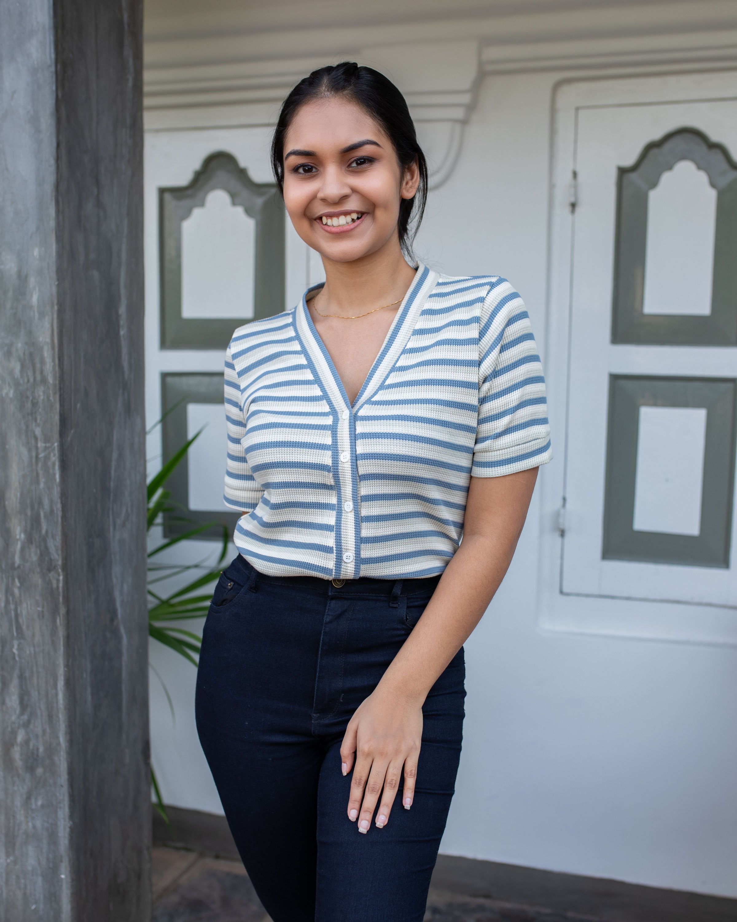 Kai Knitted Workwear Top - Blue Stripe