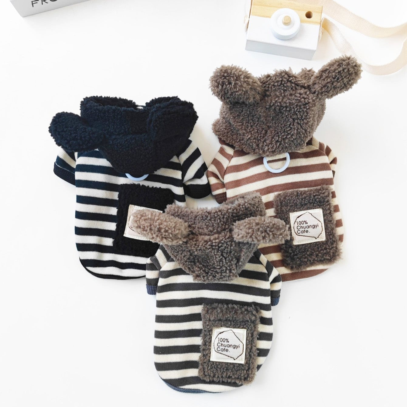 Striped Fleece Pocket Dog Cat Hooded Jacket Harness