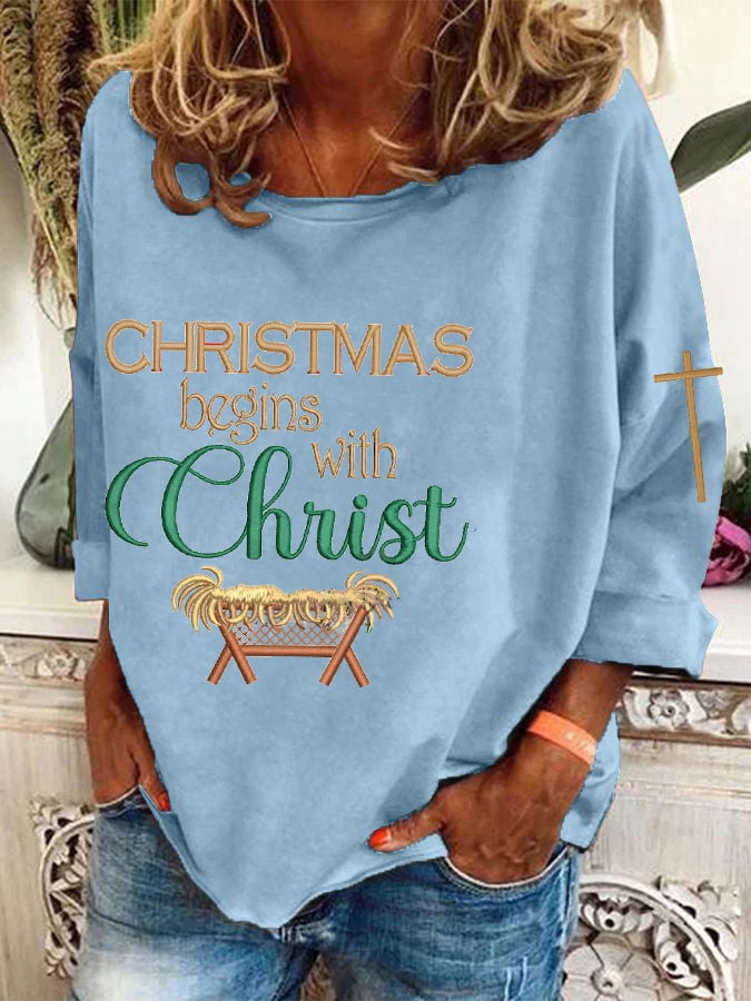 Women's Christmas Begins With Christ  Cross Print T-Shirt