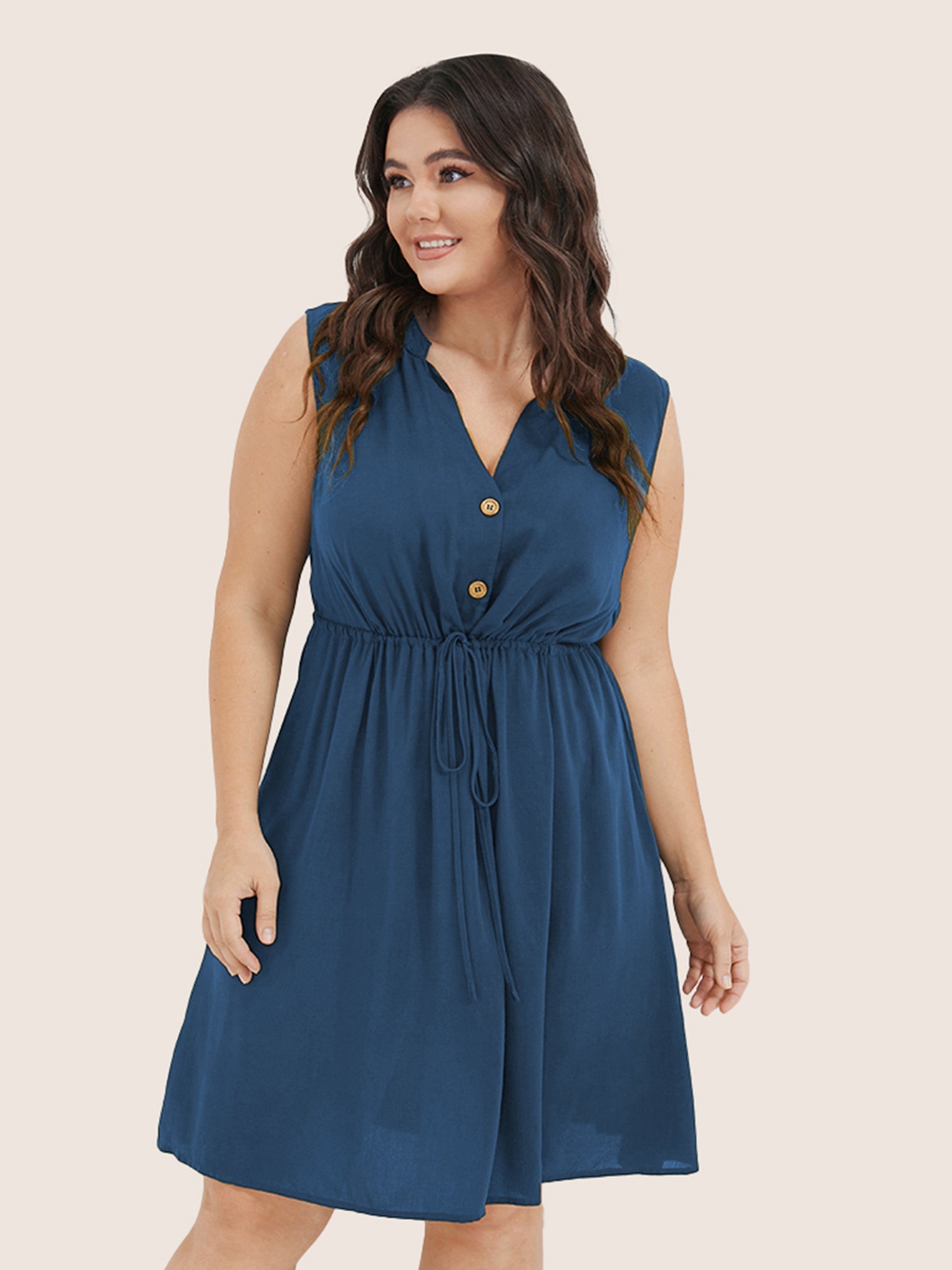 Plain Ties Front Button Pocket V Neck Dress