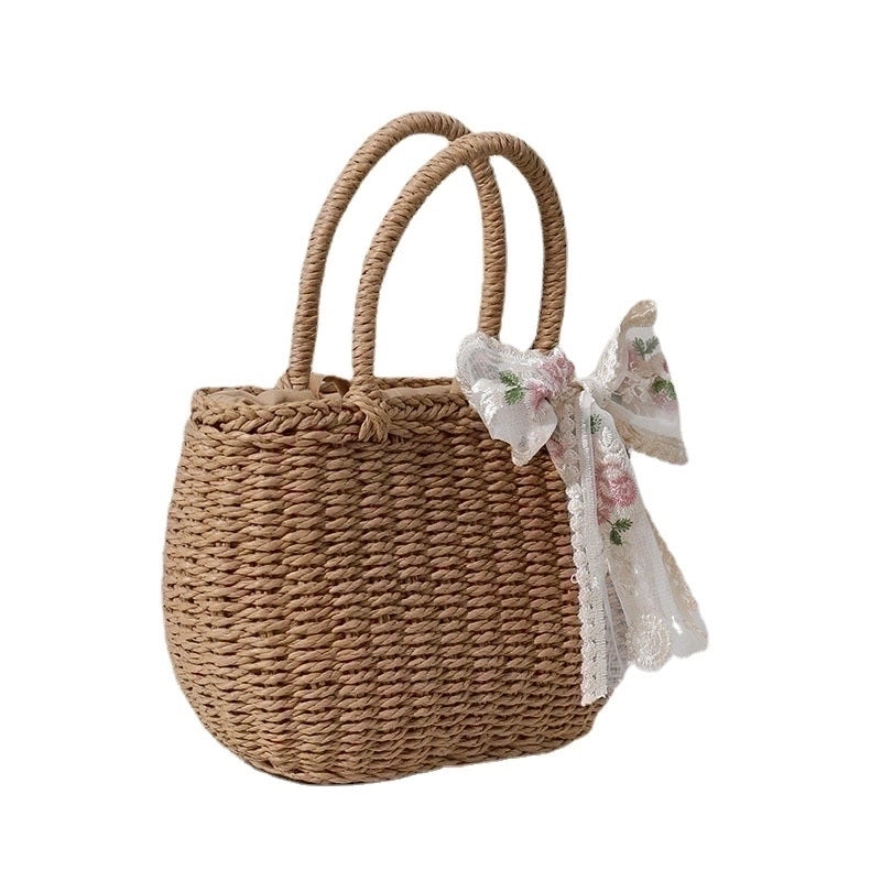 Women's Medium Straw Bow Knot Elegant Square String Straw Bag