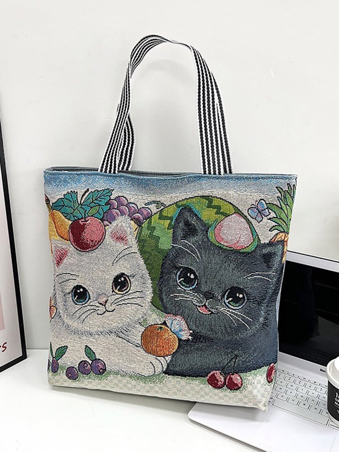 Women's Fashion Ethnic Cat Embroidery Canvas Shoulder Bag