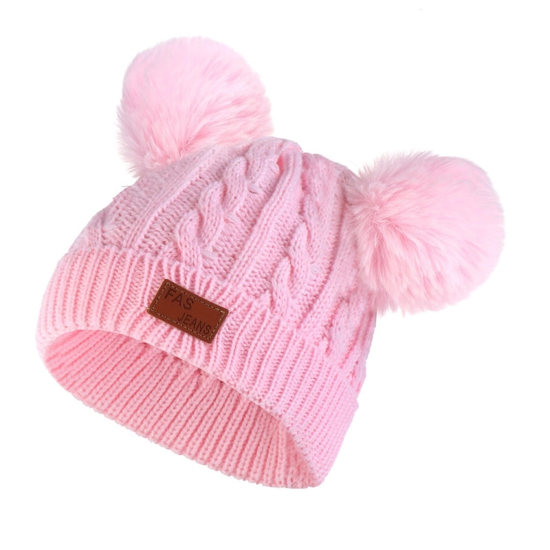 Autumn And Winter Children's Thickened Wool Hat Ear Double Hair Ball Warm Ear Protection Knitted Hat Set With Standard Solid Color Hat