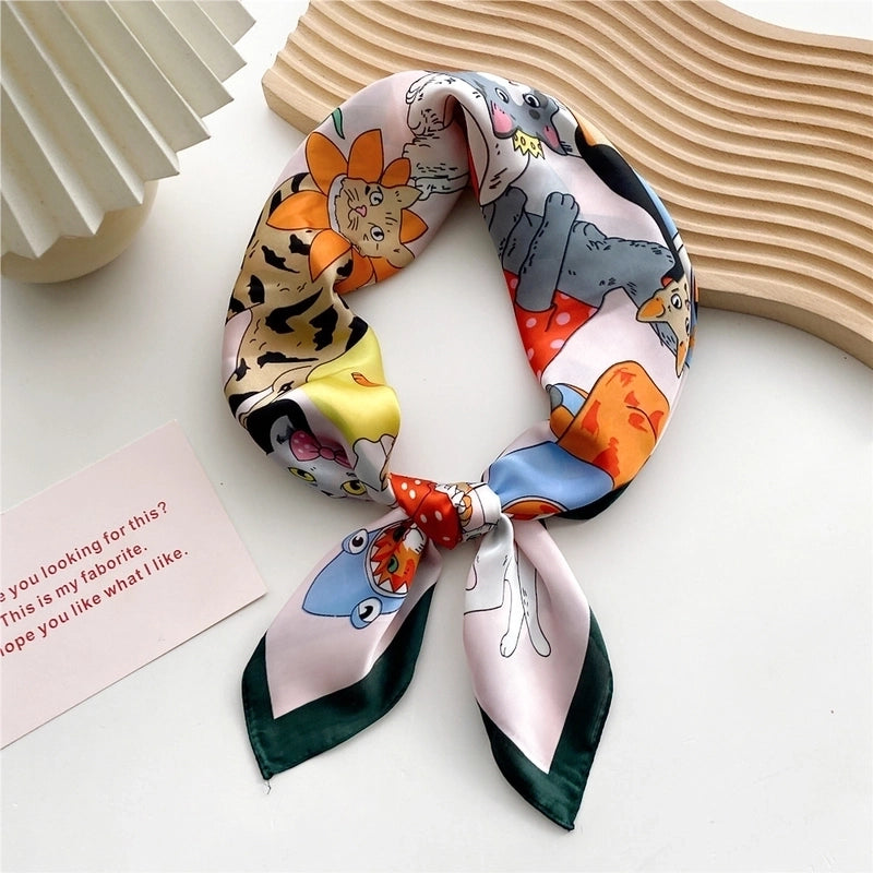 Women's Sweet Color Block Cat Polyester Printing Silk Scarves