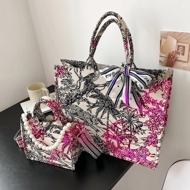 Women's Large All Seasons Canvas Ditsy Floral Fashion Square Zipper Tote Bag