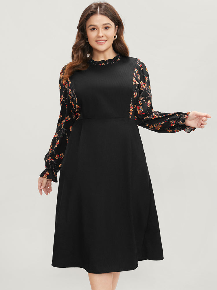 Floral Patchwork Ruffle Trim Pocket Zipper Dress