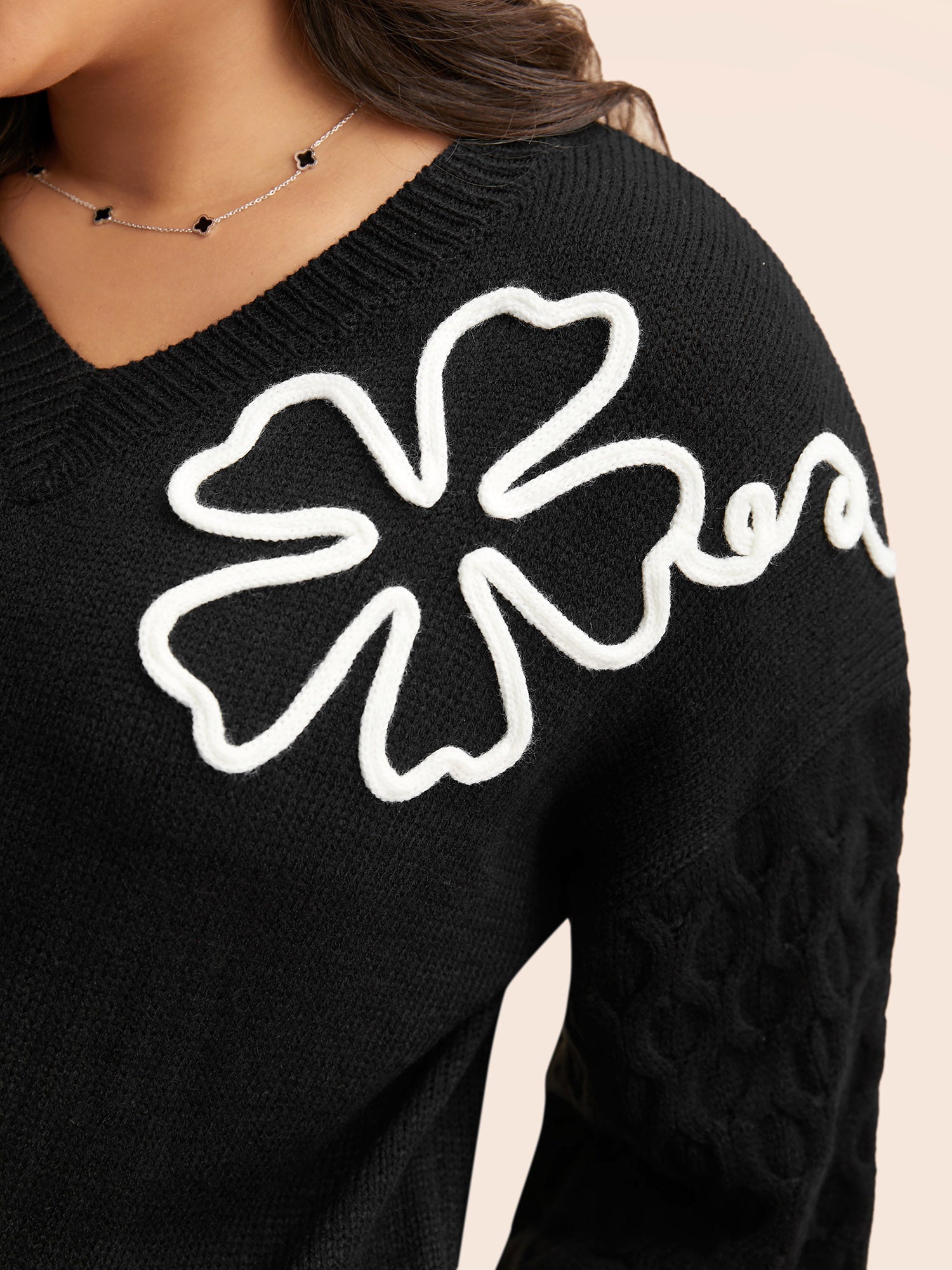 Crochet Floral Texture V Neck Pullover